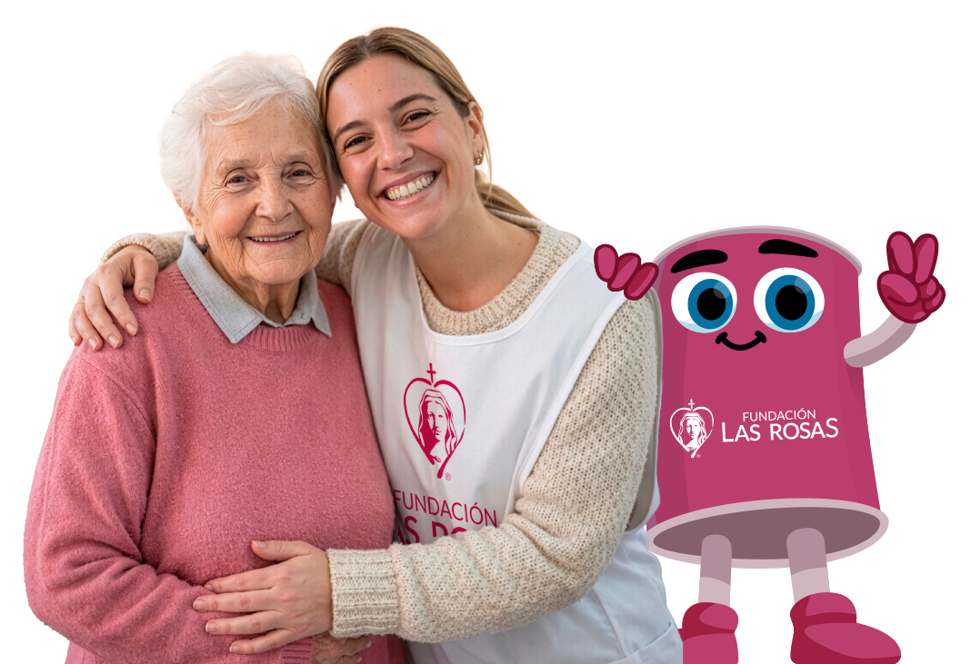 Voluntaria acompañando a una adulta mayor junto a la alcancía de Fundación Las Rosas.